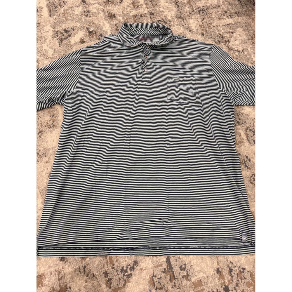 Peter Millar Mens XL Navy Blue White Striped Cotton Stretch Pocket Polo Shirt